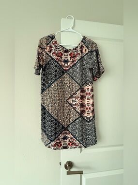 Patchwork Print Short Sleeve Tunic - Navy, Cream, Rust